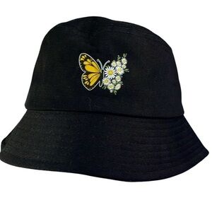 Black Bucket Hat Yellow Butterfly Floral Graphic OS
